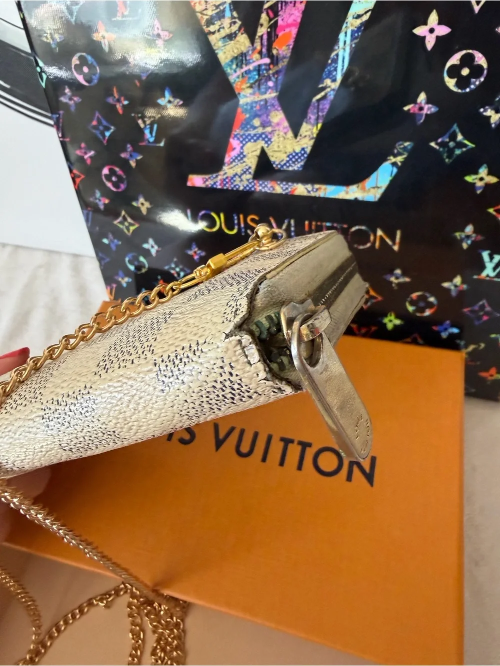 Louis Vuitton Authentic Damier Azur Zippy Long Wallet Purse with Chain